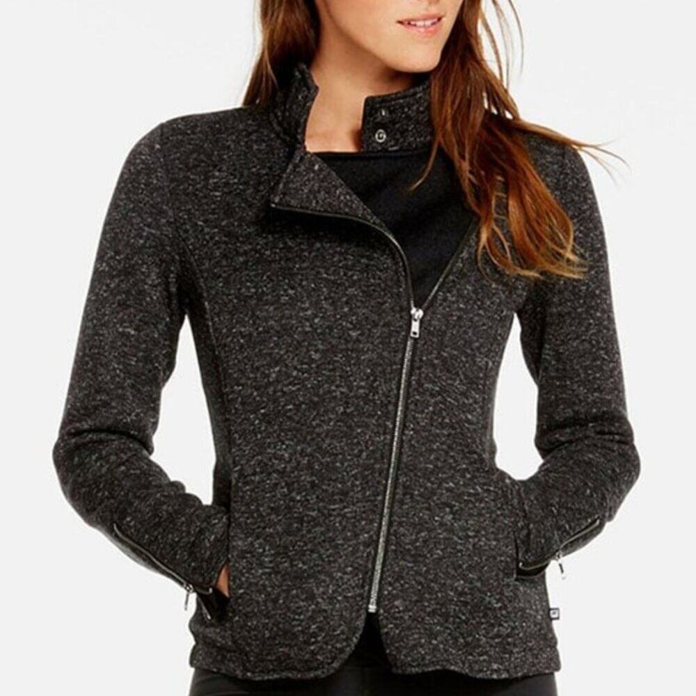 Womens Fabletics Black/Gray/white Moto Style Calypso A symmetrical jacket sz xl